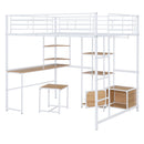 Full Size Loft Bed With Desk And Stool, With Open Style Wardrobe, Shelves And Cabinet - White