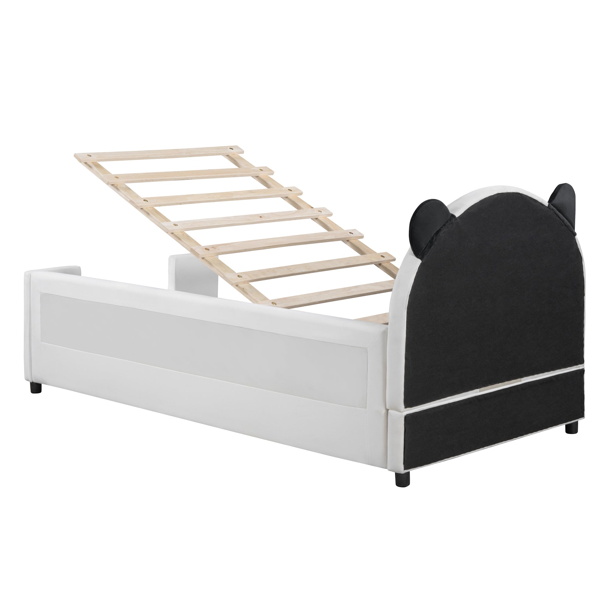 Twin Size Upholstered Daybed with Bear Shaped Headboard, Hydraulic System and Breathable Mesh Fence, White - Atlantic Fine Furniture Melbourne FL