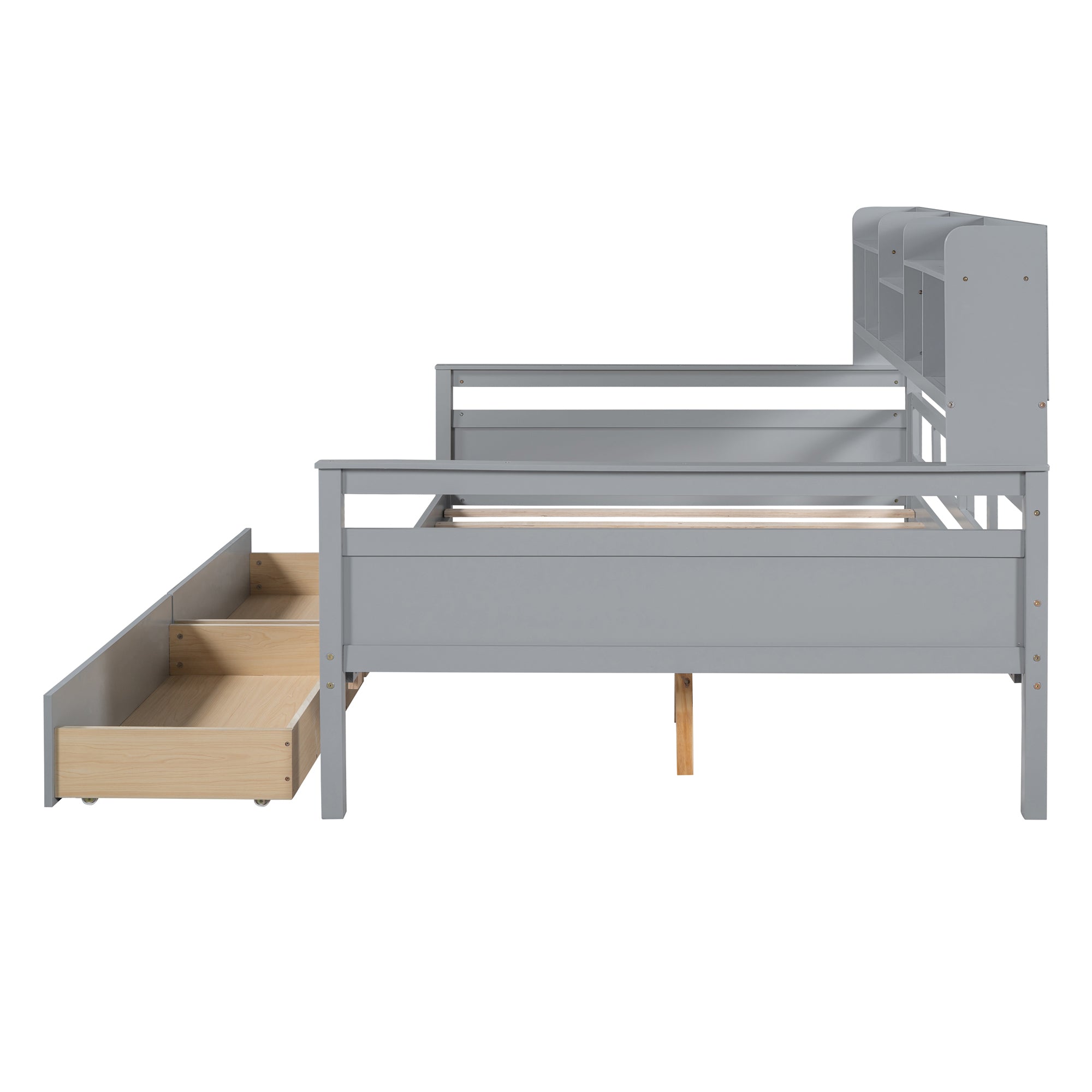 Full size Daybed, Wood Slat Support, with Bedside Shelf and Two Drawers, Gray - Atlantic Fine Furniture Melbourne FL