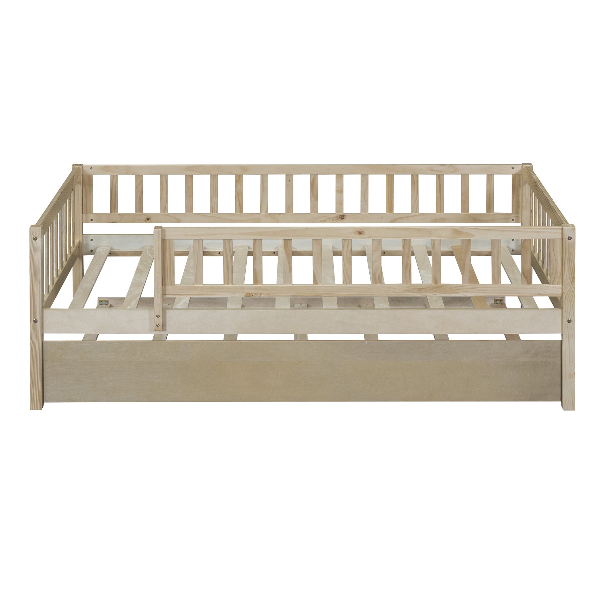 Twin Size Wood Daybed with Trundle and Fence Guardrails, Natural - Atlantic Fine Furniture Melbourne FL