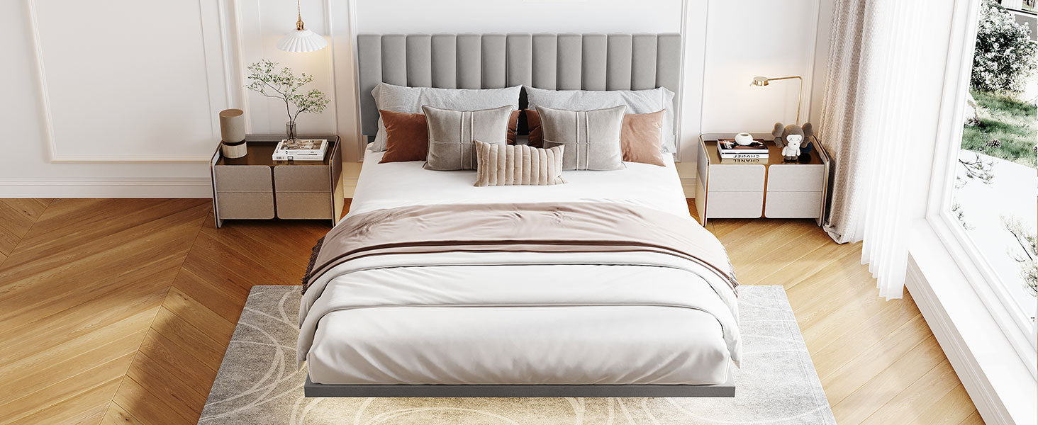 Queen Size Upholstered Bed with Sensor Light and Headboard, Floating Velvet Platform Bed, Gray - Atlantic Fine Furniture Melbourne FL