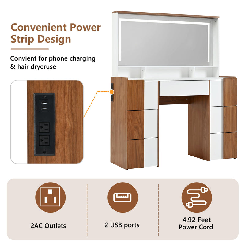 Elegant Vanity Table With Large Lighted Mirror & Power Outlet, Dressing Table With 7 Drawers & Shelves, Vanity Desk With Brown Solid Wood Style Stickers - Brown / White