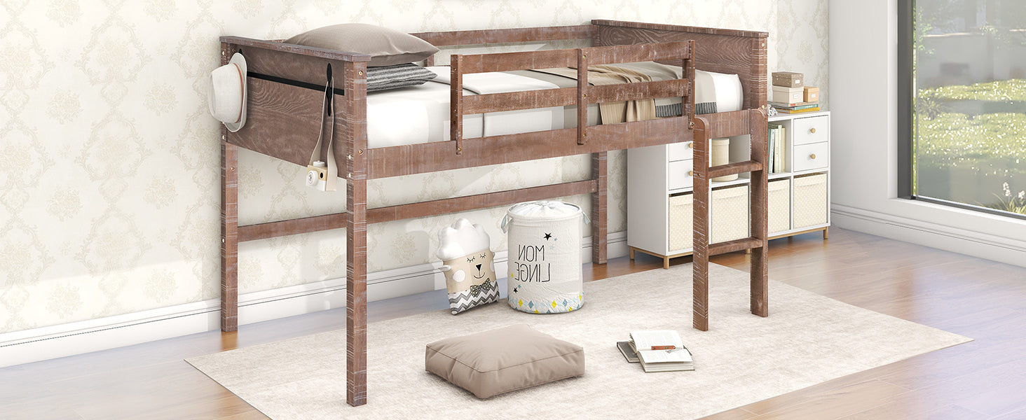 Wood Twin Size Loft Bed with Hanging Clothes Racks, White Rustic Natural - Atlantic Fine Furniture Melbourne FL