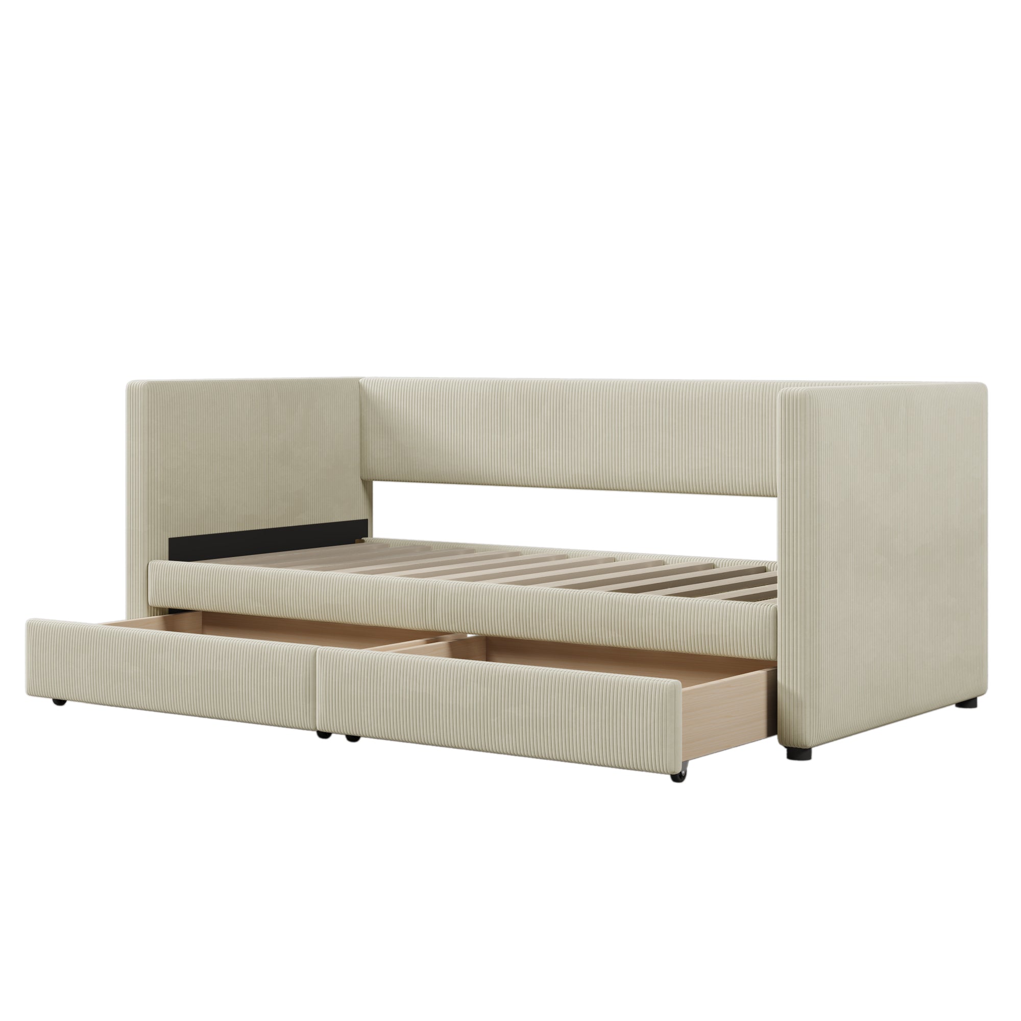 Twin Size Corduroy Daybed with Two Drawers and Wood Slat, Beige - Atlantic Fine Furniture Melbourne FL