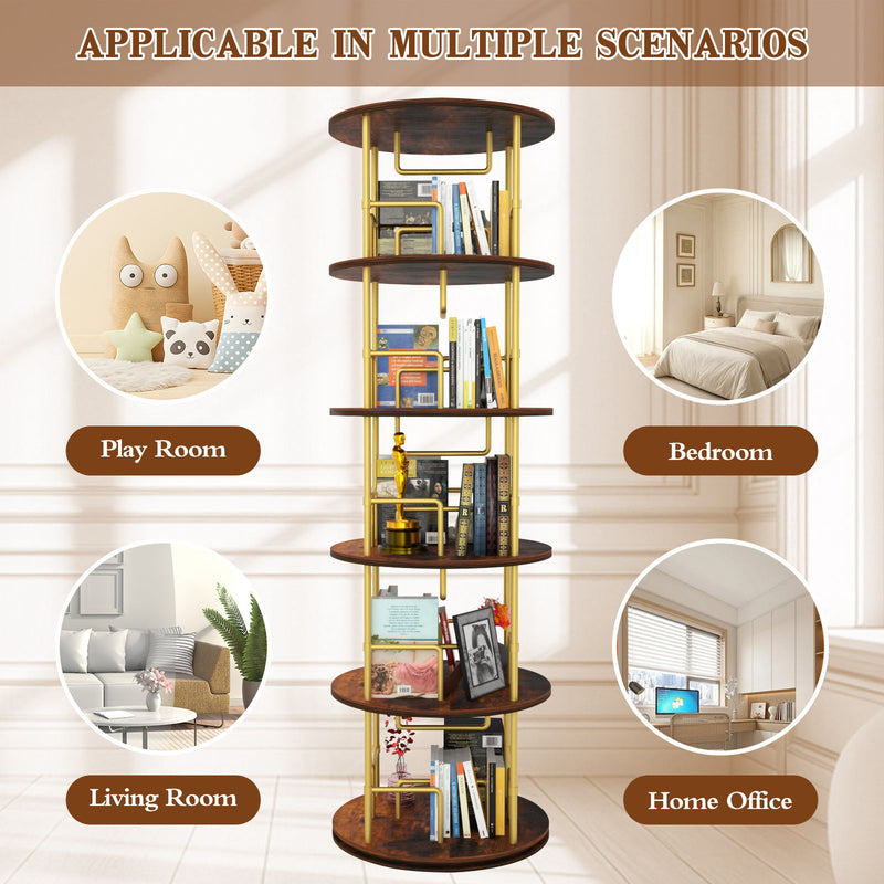 5 Tier 360 Rotating Bookshelf, Display Round Floor Standing Swivel Bookcase For Bedroom - Golden