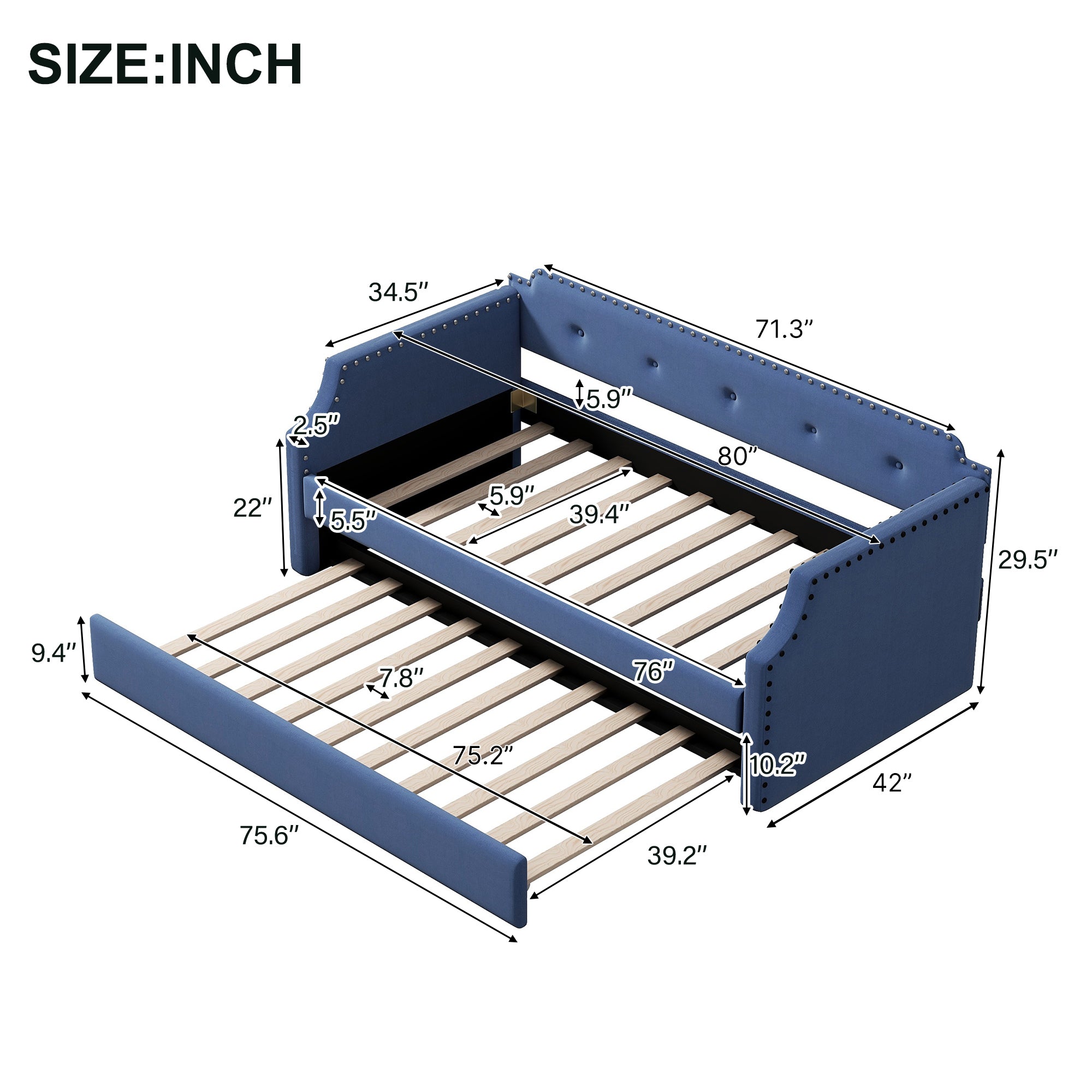 Upholstered Daybed with Trundle, Wood Slat Support,Upholstered Frame Sofa Bed , Twin,Blue - Atlantic Fine Furniture Melbourne FL