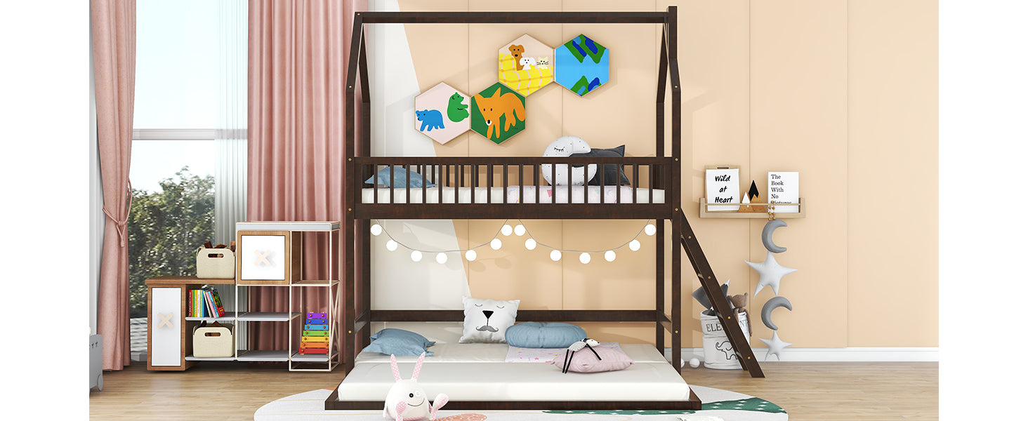 Twin Over Twin-Twin House Bunk Bed with Extending Trundle and Ladder