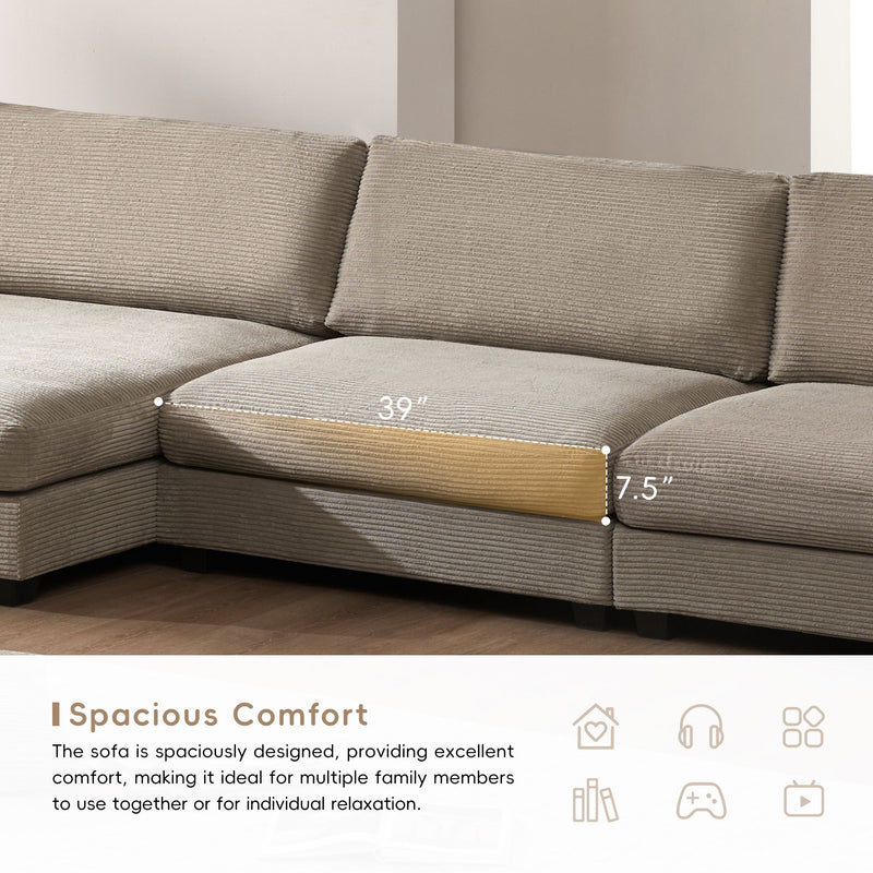 Oversized Corduroy Sectional Sofa, L Shaped Cloud Couch With USB Charging Port, Cup Holder, Deep Seat Sofa Bed With 50" Chaise, Comfy Indoor Furniture For Living Room