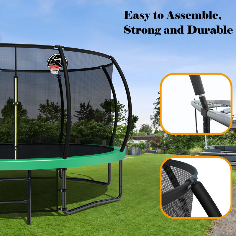 12' Recreational Kids Trampoline With Safety Enclosure Net & Ladder, Outdoor Recreational Trampolines