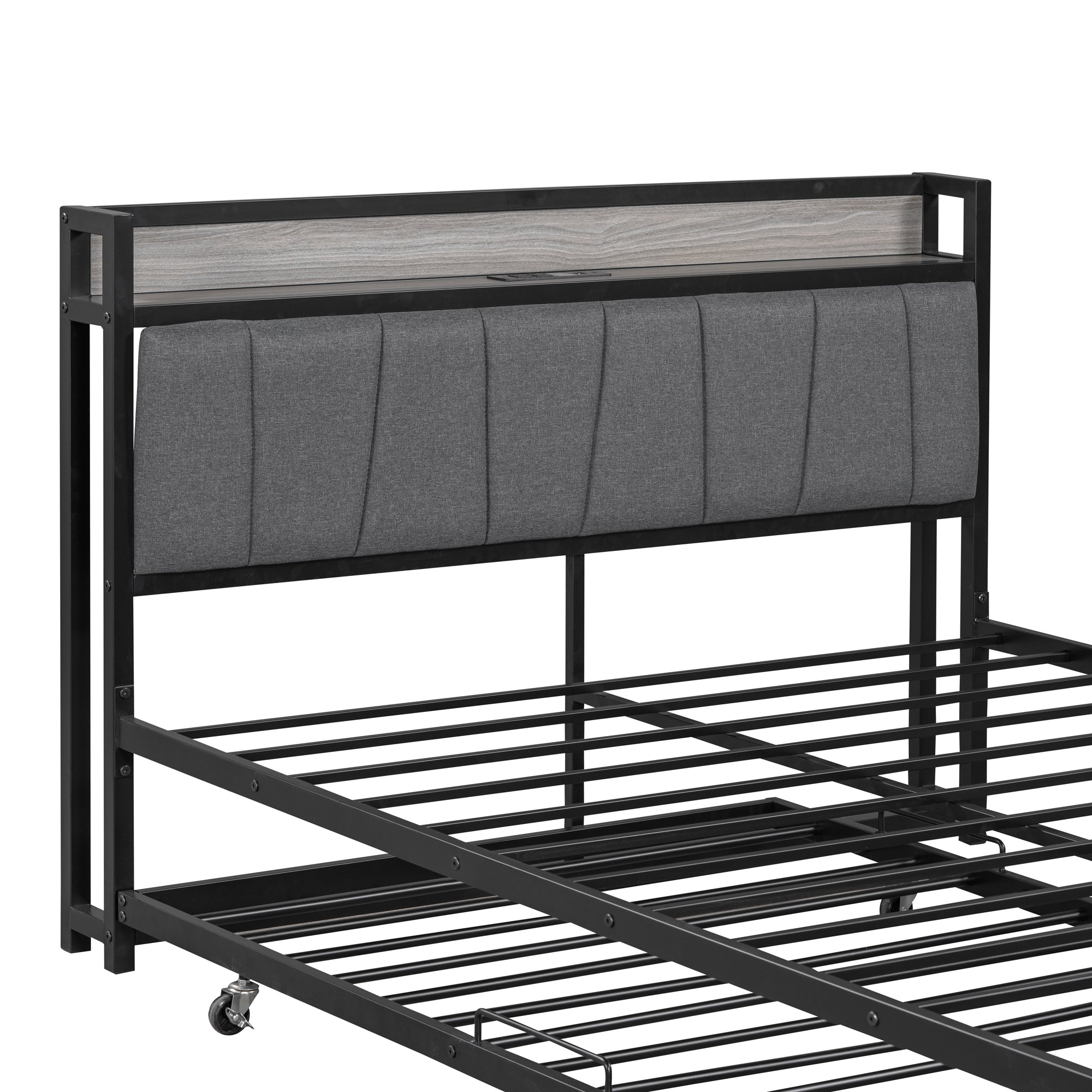 Full Size Metal Platform Bed Frame with Twin size trundle, Upholstered headboard, Sockets, USB Ports and Slat Support, No Box Spring Needed, Black