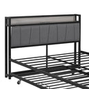Full Size Metal Platform Bed Frame with Twin size trundle, Upholstered headboard, Sockets, USB Ports and Slat Support, No Box Spring Needed, Black