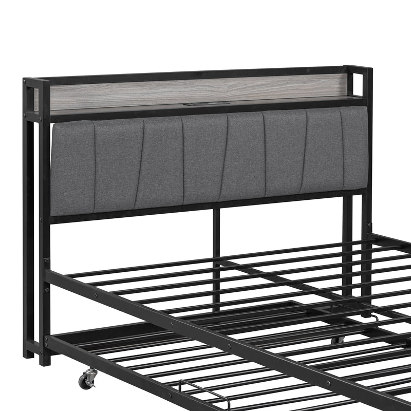 Full Size Metal Platform Bed Frame with Twin size trundle, Upholstered headboard, Sockets, USB Ports and Slat Support, No Box Spring Needed, Black