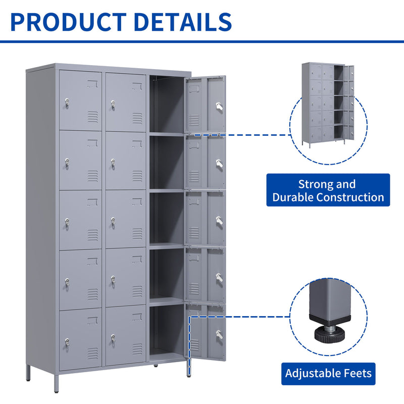 15 Door Lockers With Lock For Storage In Home, Gym, Office, And School - Gray