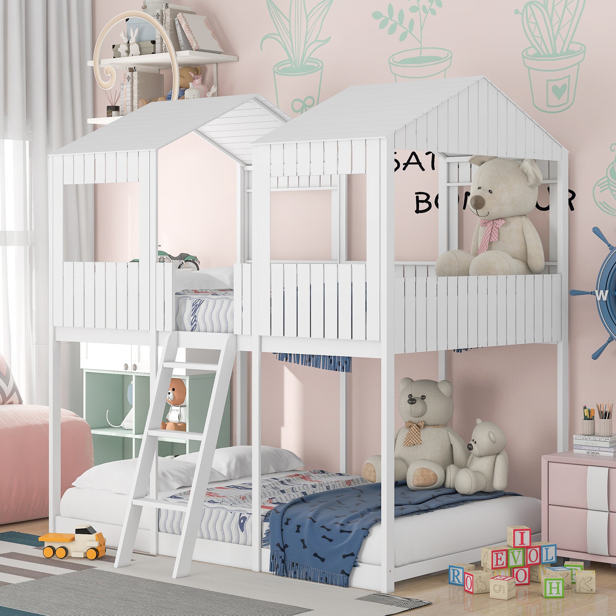 Full Over Full WoodBunk Bed with Roof, Window, Guardrail, Ladder(White)( old sku: LT000031AAK ) - Atlantic Fine Furniture Melbourne FL