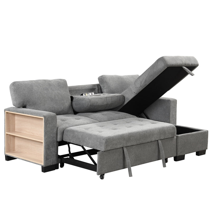 Stylish And Functional Light Chaise Lounge Sectional With Storage Rack Pull-Out Bed Drop Down Table And USB Charger