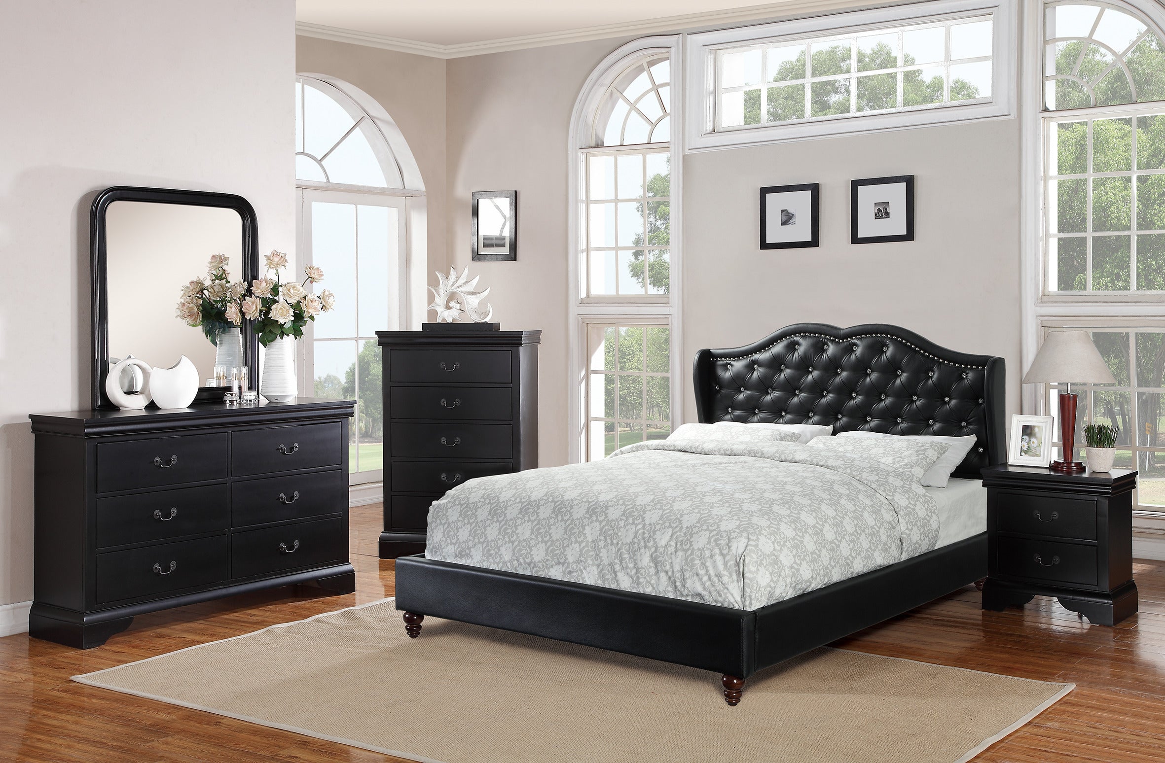 Queen Size Bed 1pc Bed Set Black Faux Leather Upholstered Wingback Design Bed Frame Headboard Bedroom Furniture Tufted Upholstered - Atlantic Fine Furniture Melbourne FL