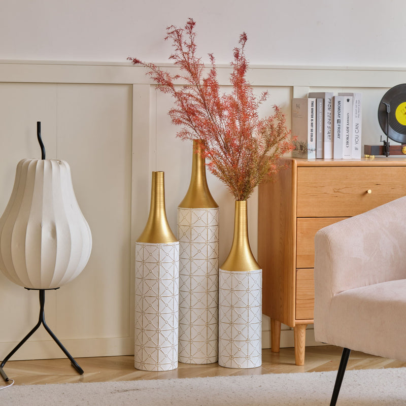 Floor Metal Vases Decorated White Metal Vases (Set of 3) Gorgeous Home Decoration Large Glazed Metal Vases - White / Gold