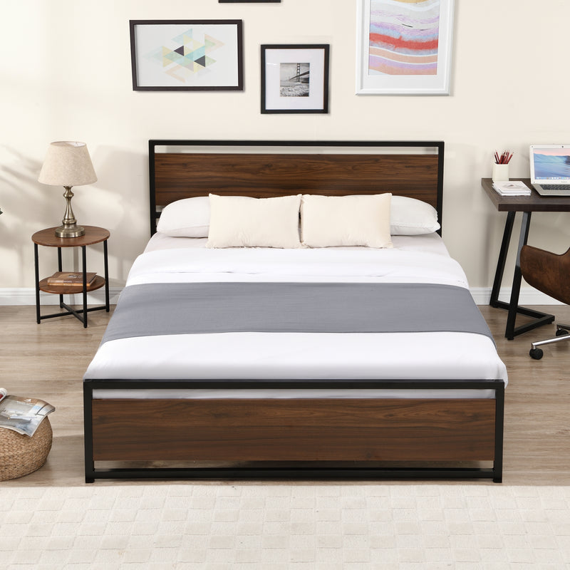 Industrial Platform Queen Bed Frame/Mattress Foundation with Rustic Headboard and Footboard, Strong Steel Slat Support, No Box Spring Needed, Noise Free, Easy Assembly