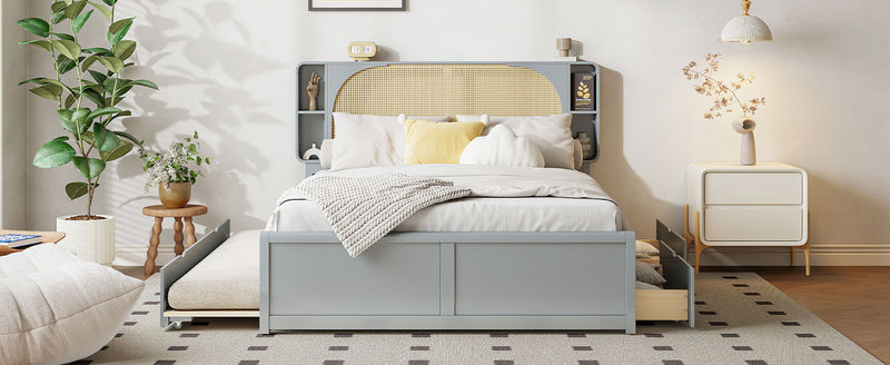 Rattan Headboard Bed With Two Drawers And Trundle