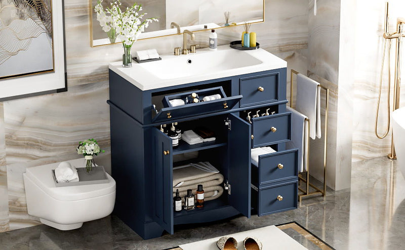 Bathroom Vanity With Resin Sink Combo, Frame Bathroom Storage Cabinet, Freestanding Vanity Set With 3 Drawers & Adjustable Shelf - Blue