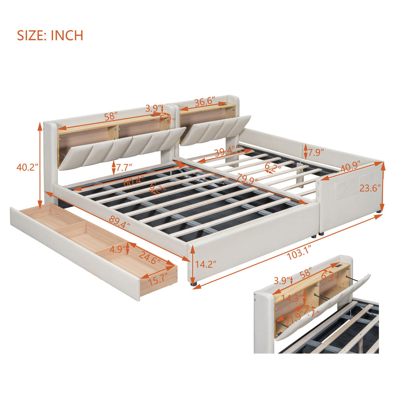 Upholstered Mother & Child Bed With Hydraulic Storage System, Drawer Box, Bedhead Storage Shelf And 2 Pairs Of Sockets & USB Ports