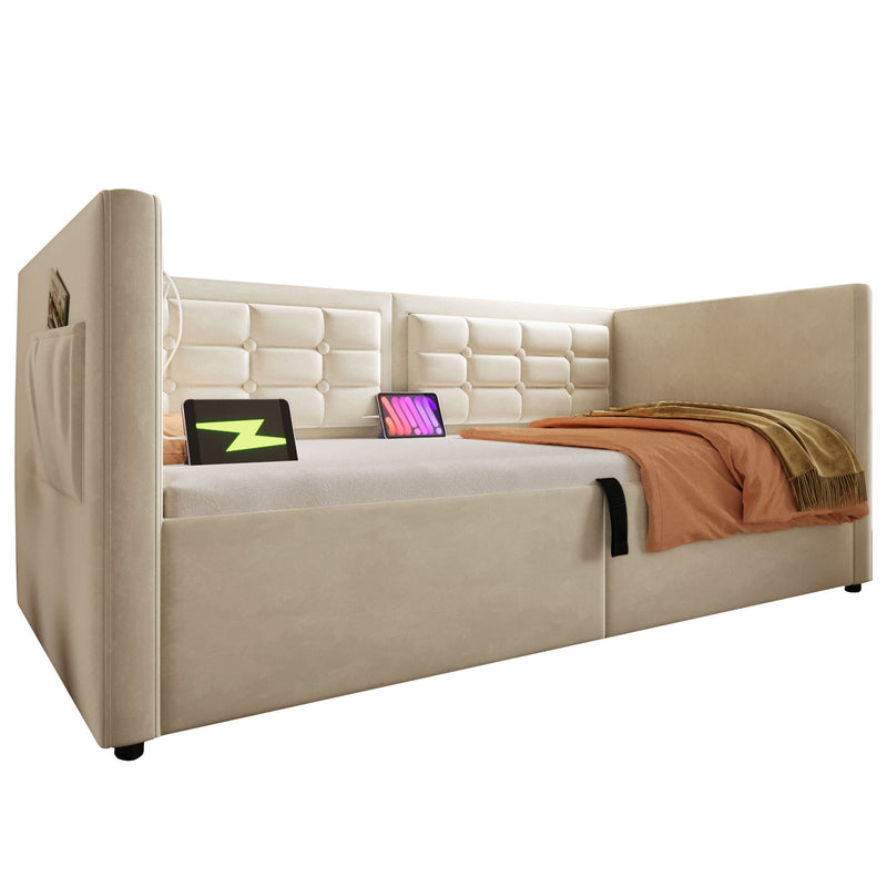Upholstered Hydraulic Storage Daybed With USB & Type C Charging