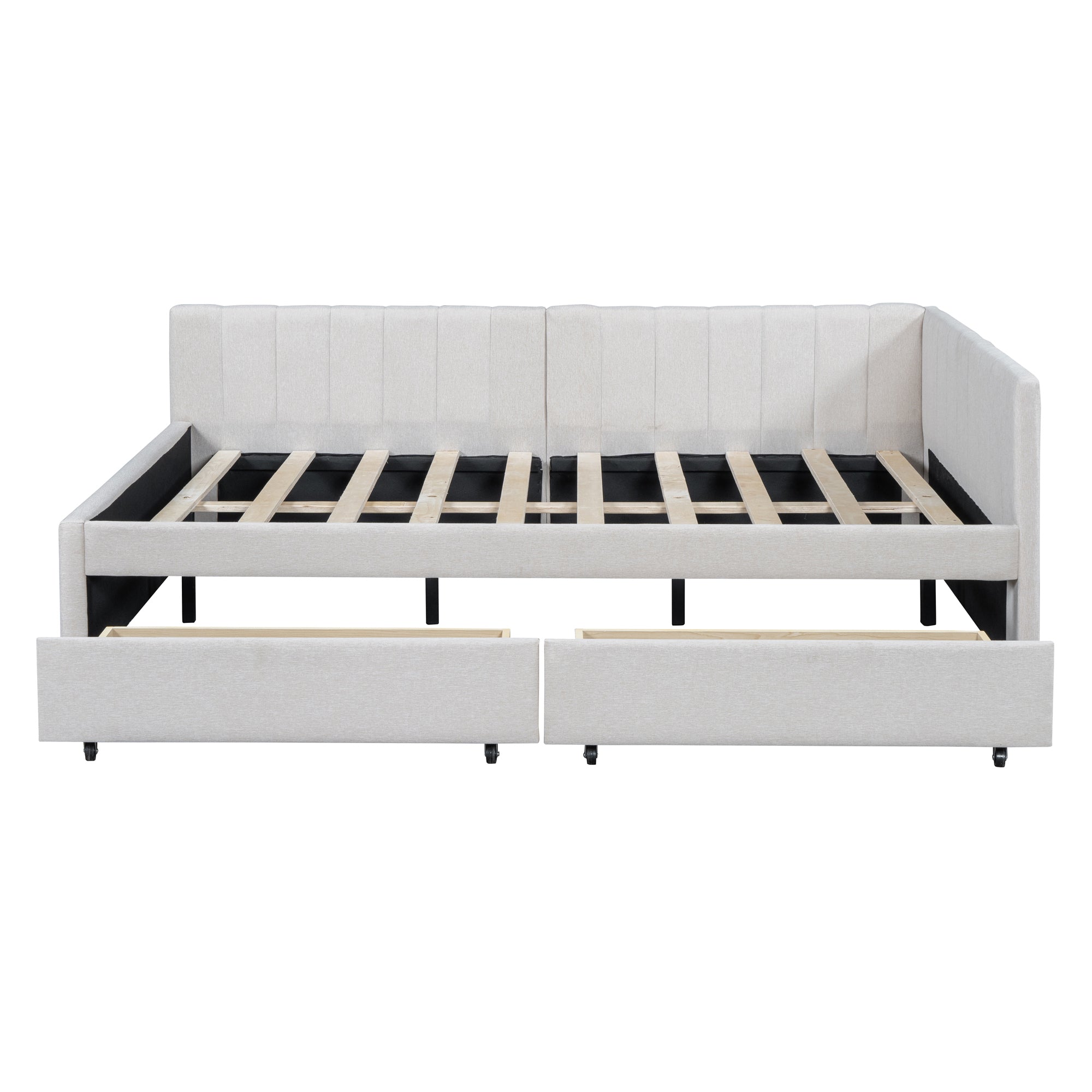 Full Size Upholstered Daybed with 2 Storage Drawers Sofa Bed Frame No Box Spring Needed, Linen Fabric (Beige) - Atlantic Fine Furniture Melbourne FL