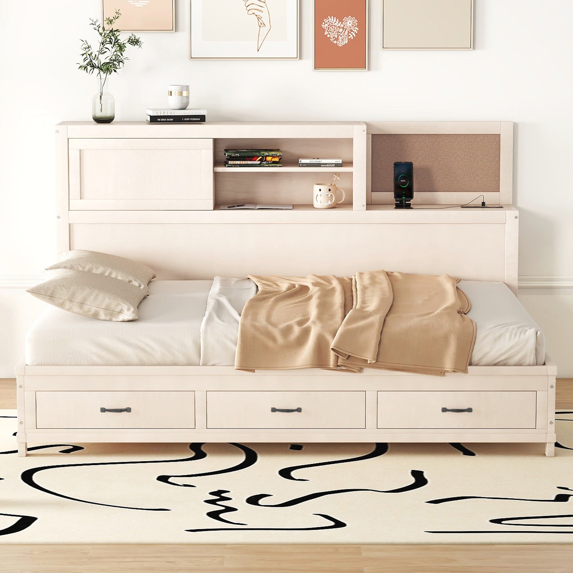Full Size Wooden Daybed with 3 Storage Drawers, Upper Soft Board, shelf, and a set of Sockets and USB Ports, White - Atlantic Fine Furniture Melbourne FL
