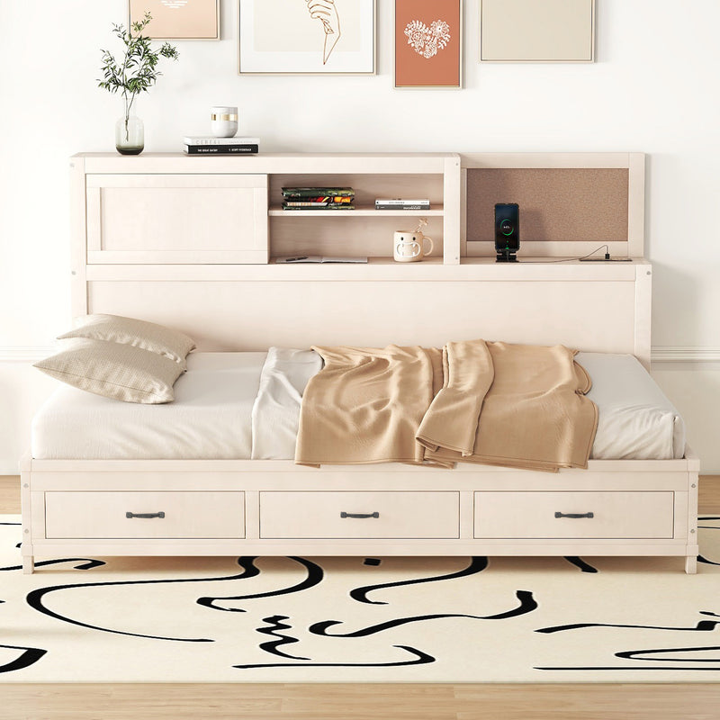 Full Size Wooden Daybed with 3 Storage Drawers, Upper Soft Board, shelf, and a set of Sockets and USB Ports, White