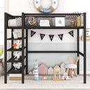 Full Size Metal Loft Bed with 4-Tier Shelves and Storage, Black