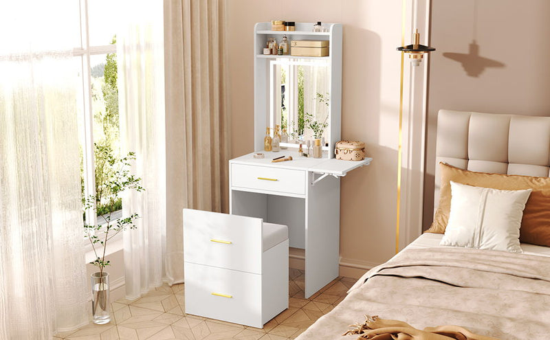 Small Vanity Desk With Mirror And Light, Dressing Table With Charging Station & Fold Up Panel For Small Space, Compact Makeup Vanity Set With Hidden Stool For Bedroom - White