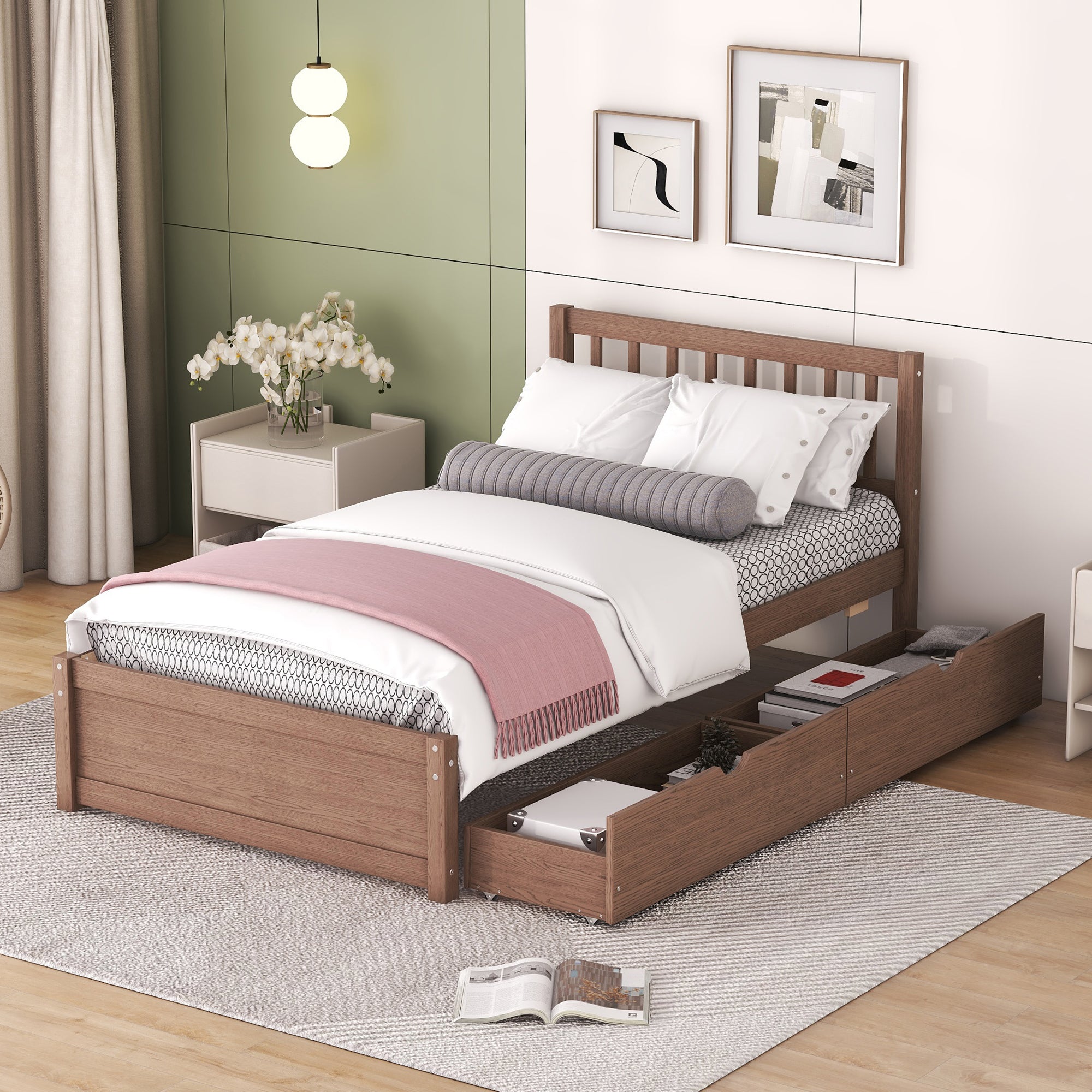 Modern Design Twin Size Platform Bed with 2 Drawers for Walnut Color - Atlantic Fine Furniture Melbourne FL