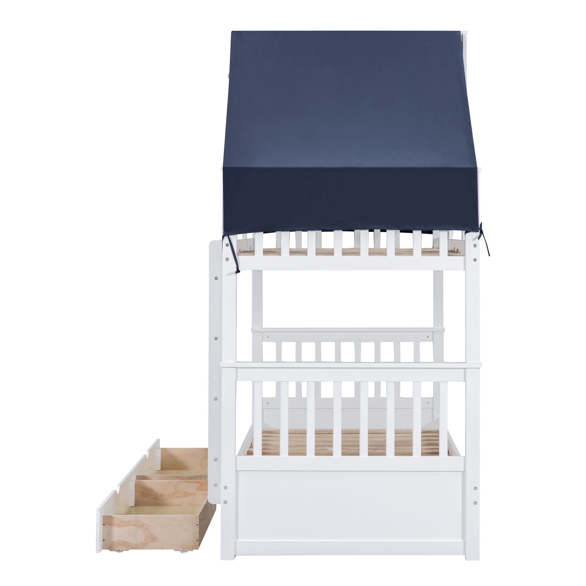 Twin Over Twin Bunk Bed Wood Bed with Tent and Drawers, White+Blue Tent - Atlantic Fine Furniture Melbourne FL