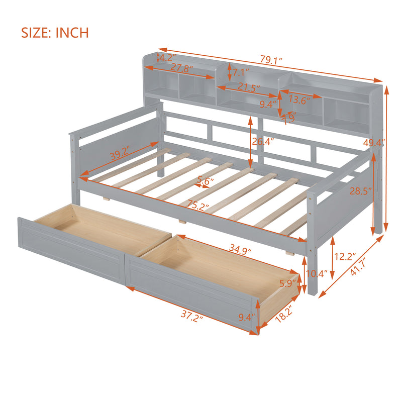 Twin size Daybed, Wood Slat Support, with Bedside Shelves and Two Drawers, Gray