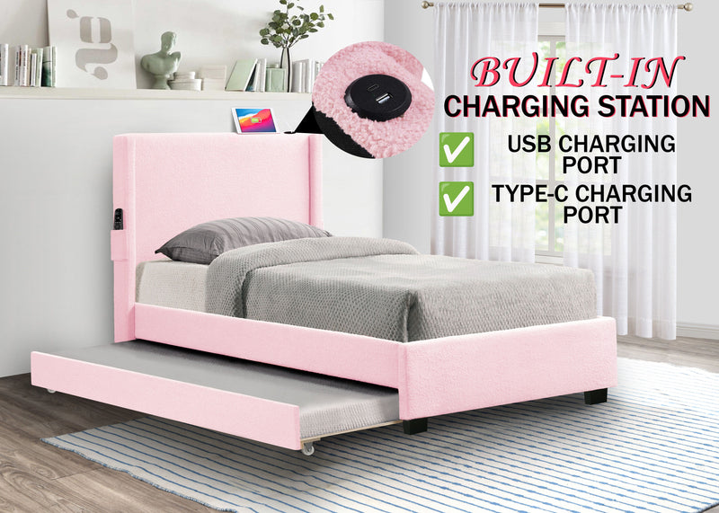 Twin Size Upholstered Bed Frame With Trundle Bed, Teddy Fabric, USB Functionality, And A Pocket Design On The Side Of The Headboard For Storing Small Items - Baby Pink