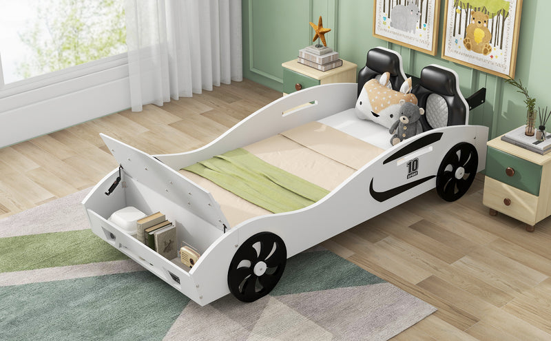 Twin Size Race Car-Shaped Platform Bed with Upholstered Backrest and Storage, White