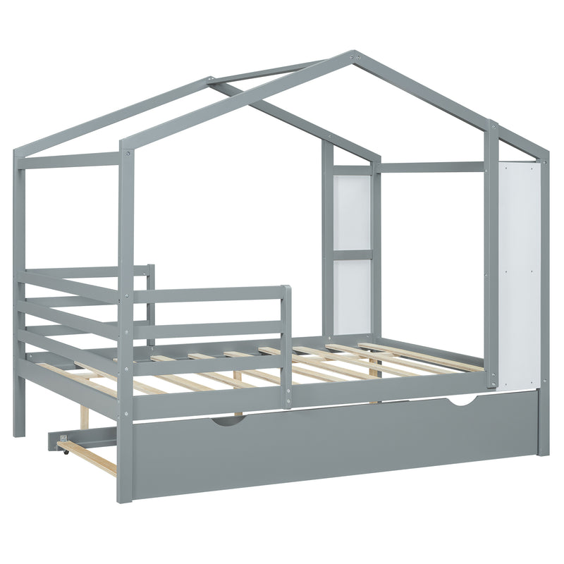 Full Size Wood House Bed with Fence and Writing Board, Gray