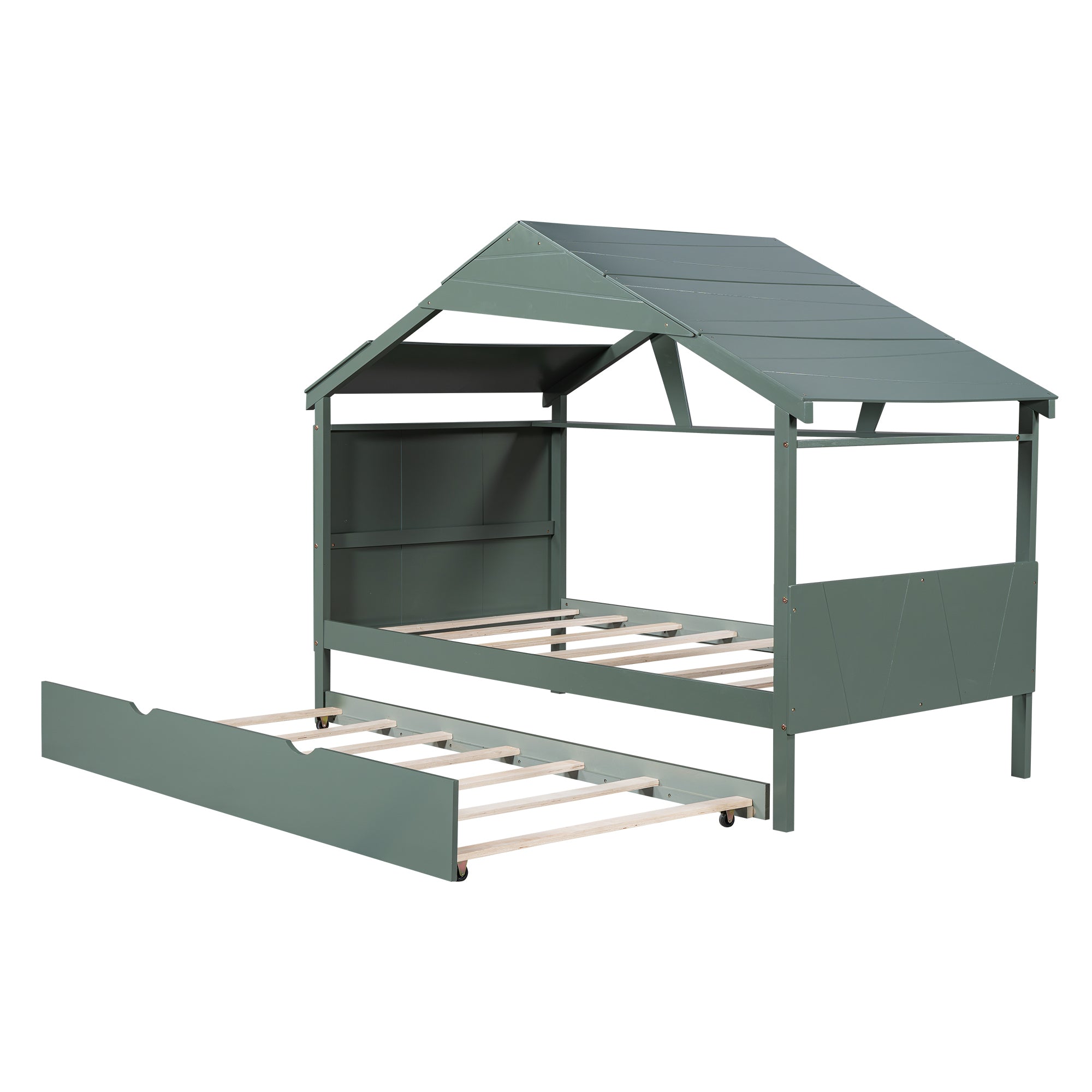 Wood Twin Size House Bed with Trundle and Storage, Green - Atlantic Fine Furniture Melbourne FL