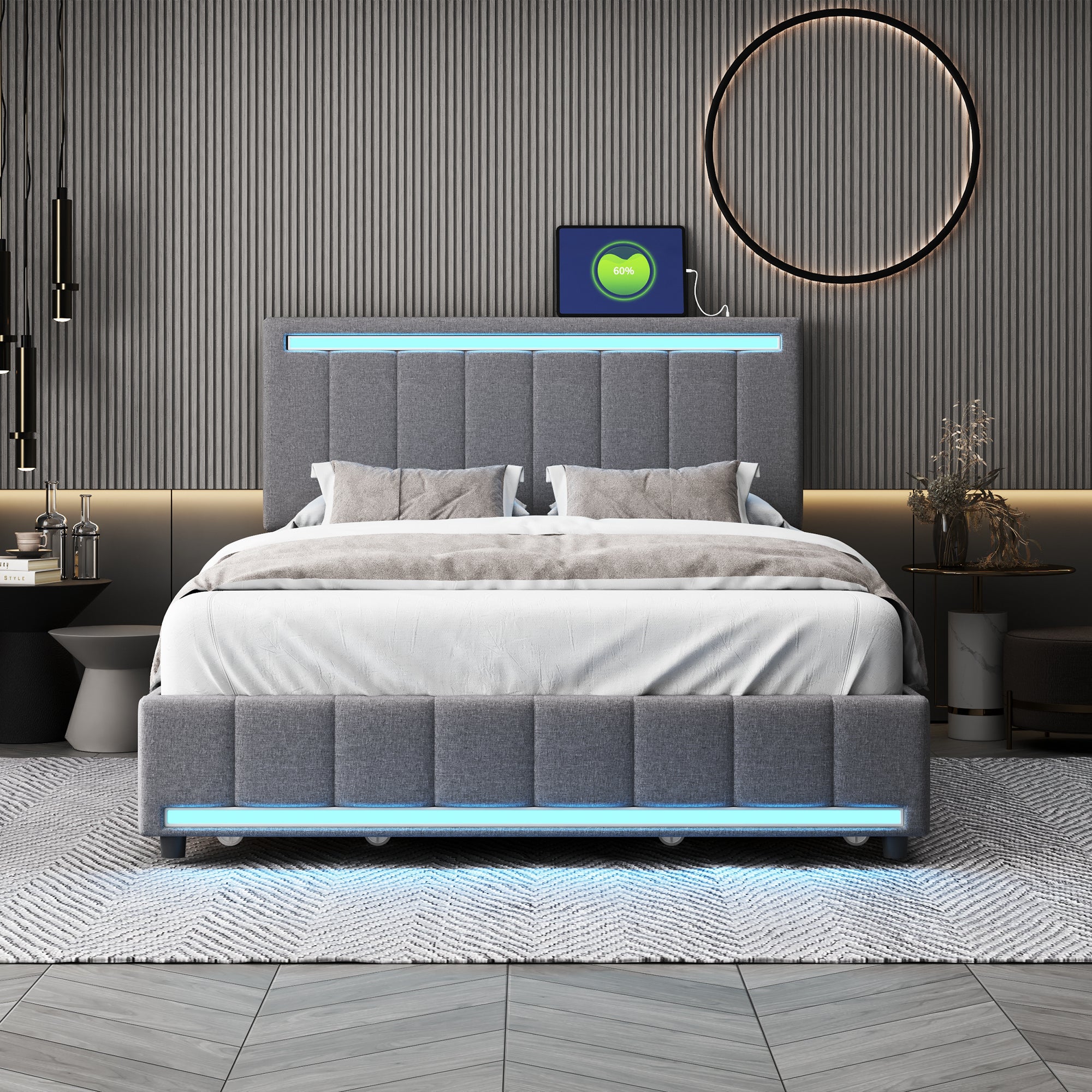 Full Size Upholstered Bed with LED Light and 4 Drawers,  Modern Platform Bed with a set of Sockets and USB Ports, Linen Fabric, Gray - Atlantic Fine Furniture Melbourne FL