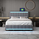 Full Size Upholstered Bed with LED Light and 4 Drawers,  Modern Platform Bed with a set of Sockets and USB Ports, Linen Fabric, Gray