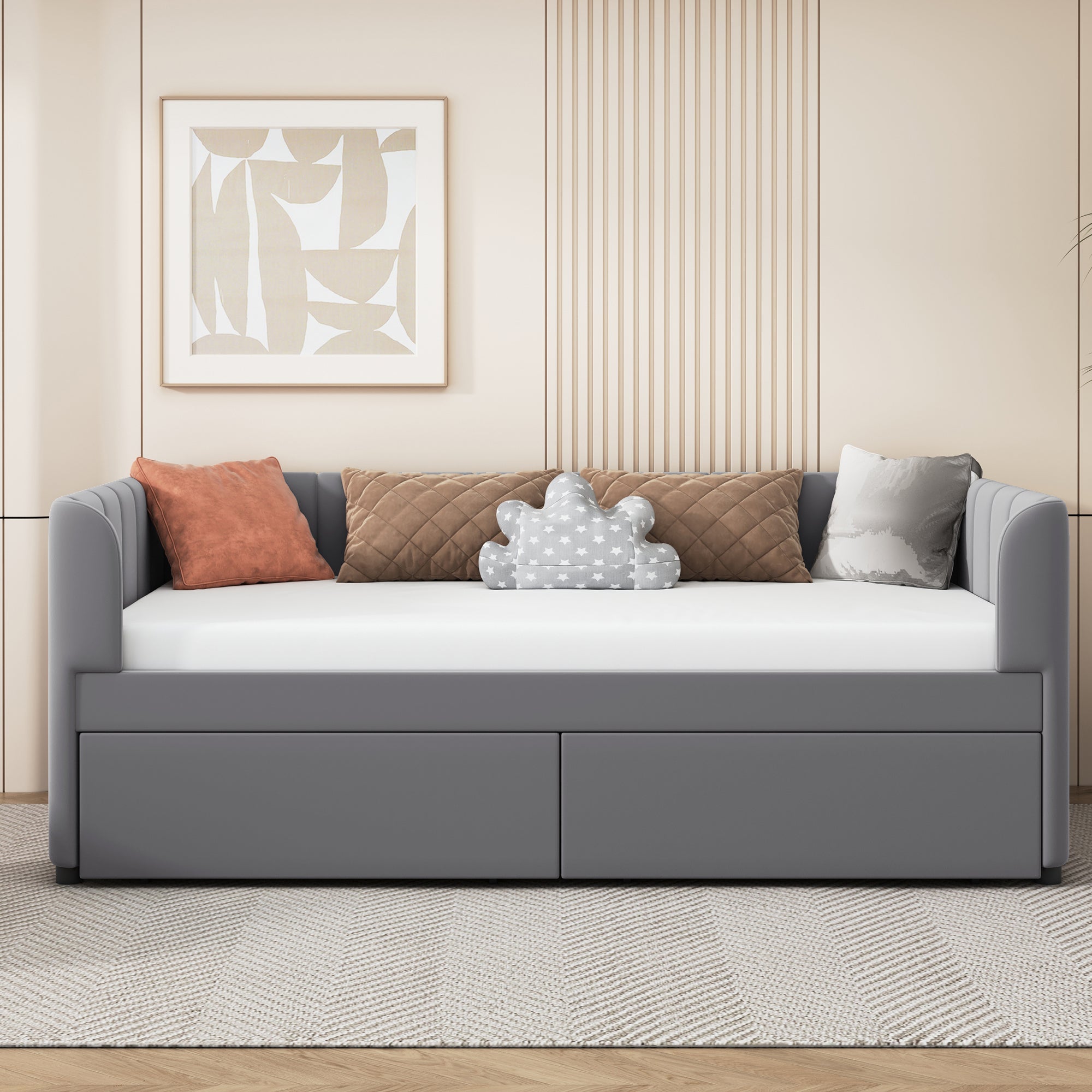 Twin Size Upholstered Daybed with Ergonomic Design Backrest and 2 Drawers, Gray - Atlantic Fine Furniture Melbourne FL