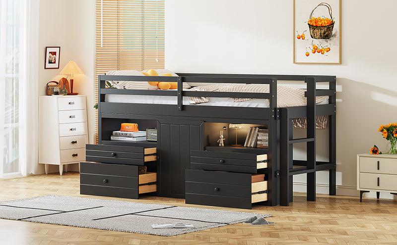 Twin Size Loft Bed with 4 Drawers, Underneath Cabinet and Shelves, Espresso