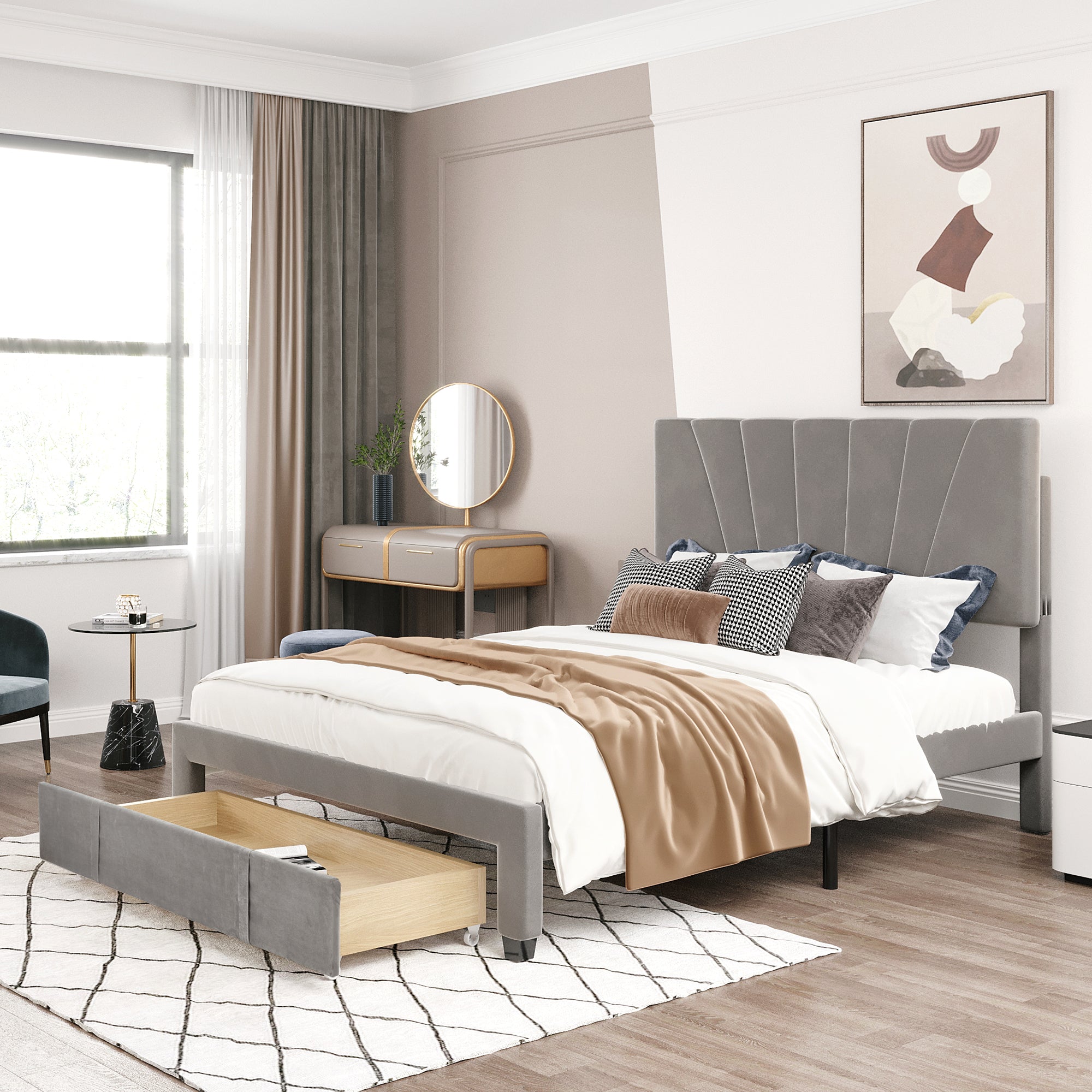 Queen Size Storage Bed Velvet Upholstered Platform Bed with a Big Drawer - Gray - Atlantic Fine Furniture Melbourne FL