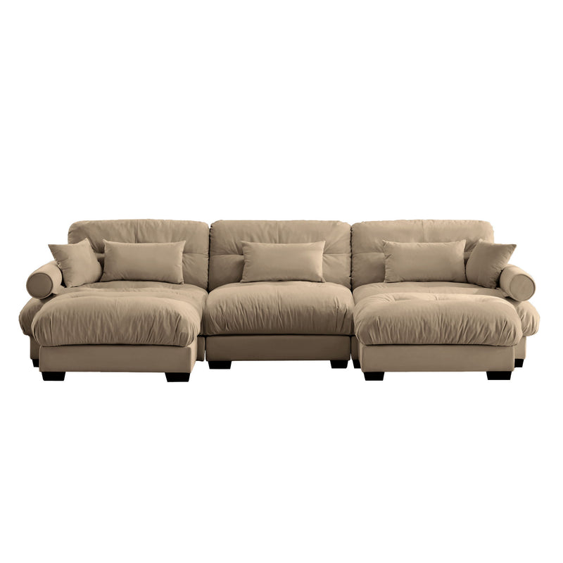 Modern Sectional Sofa With Ottoman, Round Bolster Armrests, Waist And Throw Pillows