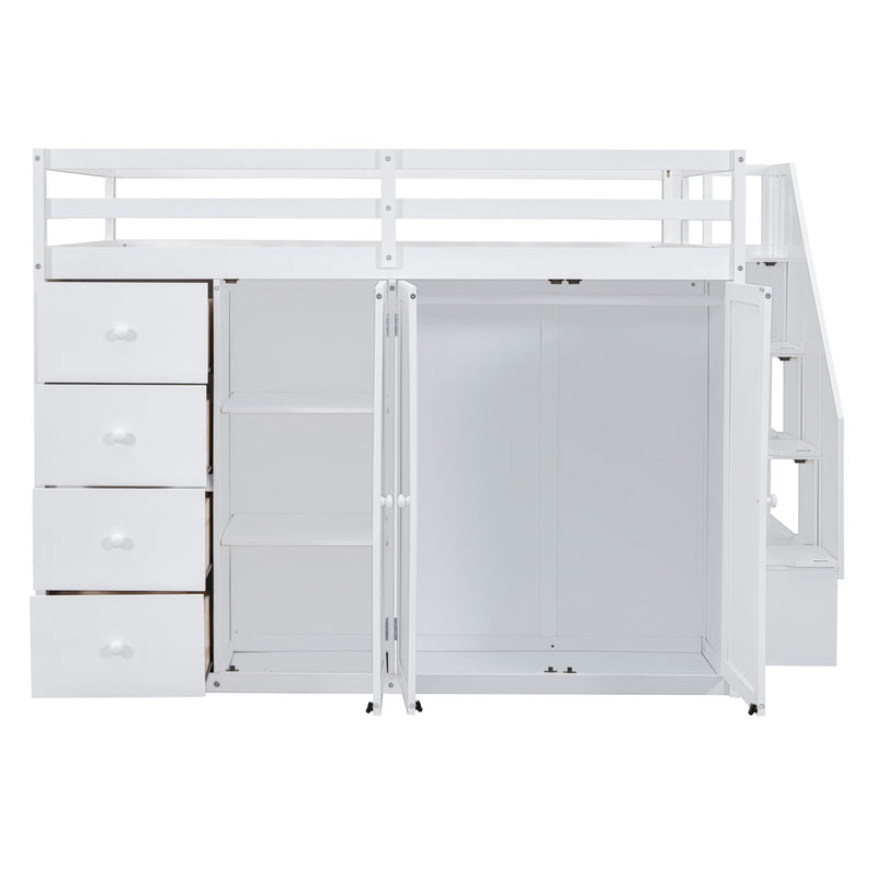 Full Size Wood Loft Bed With Built-in Wardrobes, Cabinets and Drawers, White