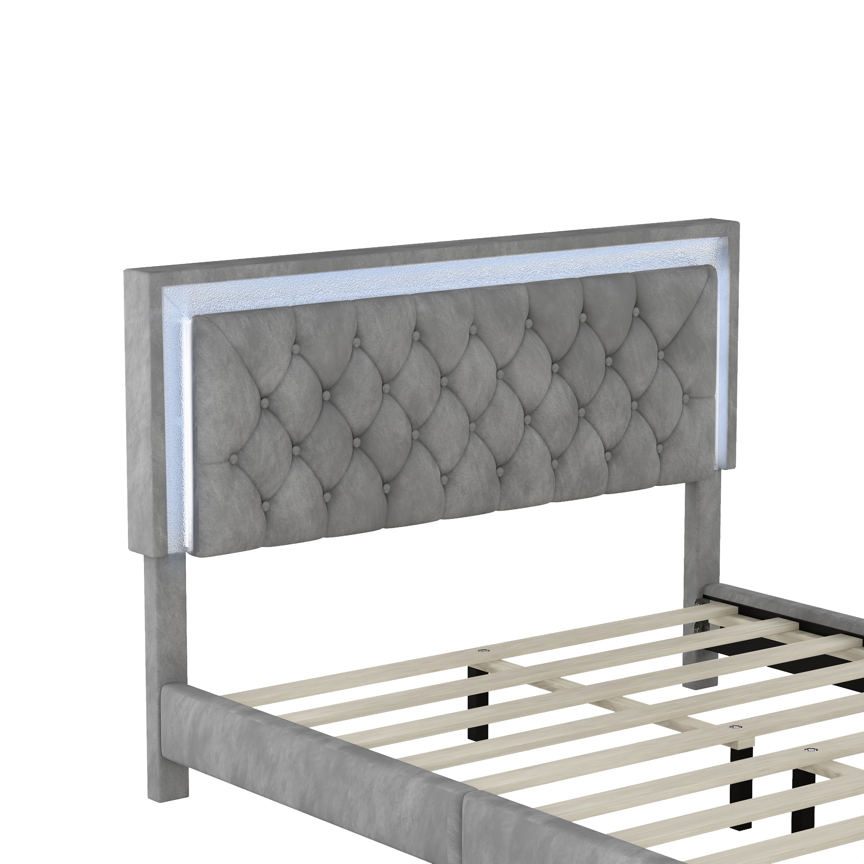 Queen Size Upholstered Bed Frame with LED Lights,Modern Velvet Platform Bed with Tufted Headboard,Gray - Atlantic Fine Furniture Melbourne FL