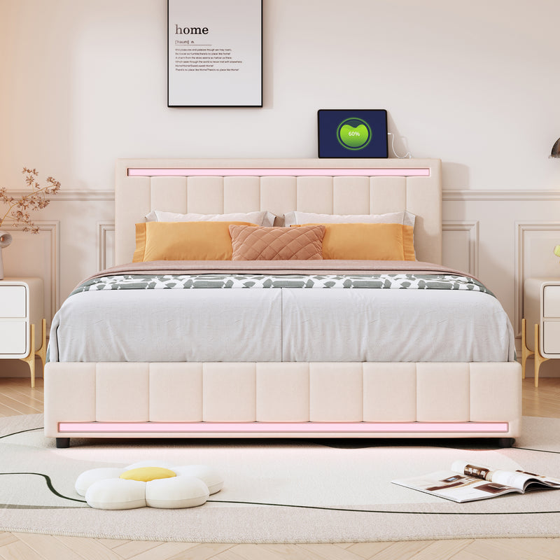 Queen Size Upholstered Bed with LED Light and 4 Drawers,  Modern Platform Bed with a set of Sockets and USB Ports, Linen Fabric, Beige