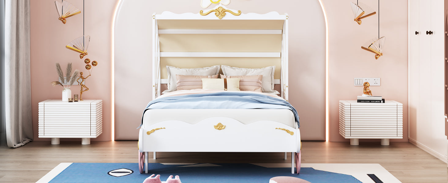Twin Size Princess Carriage Bed with Canopy, Wood Platform Car Bed with 3D Carving Pattern, White+Pink+Gold - Atlantic Fine Furniture Melbourne FL
