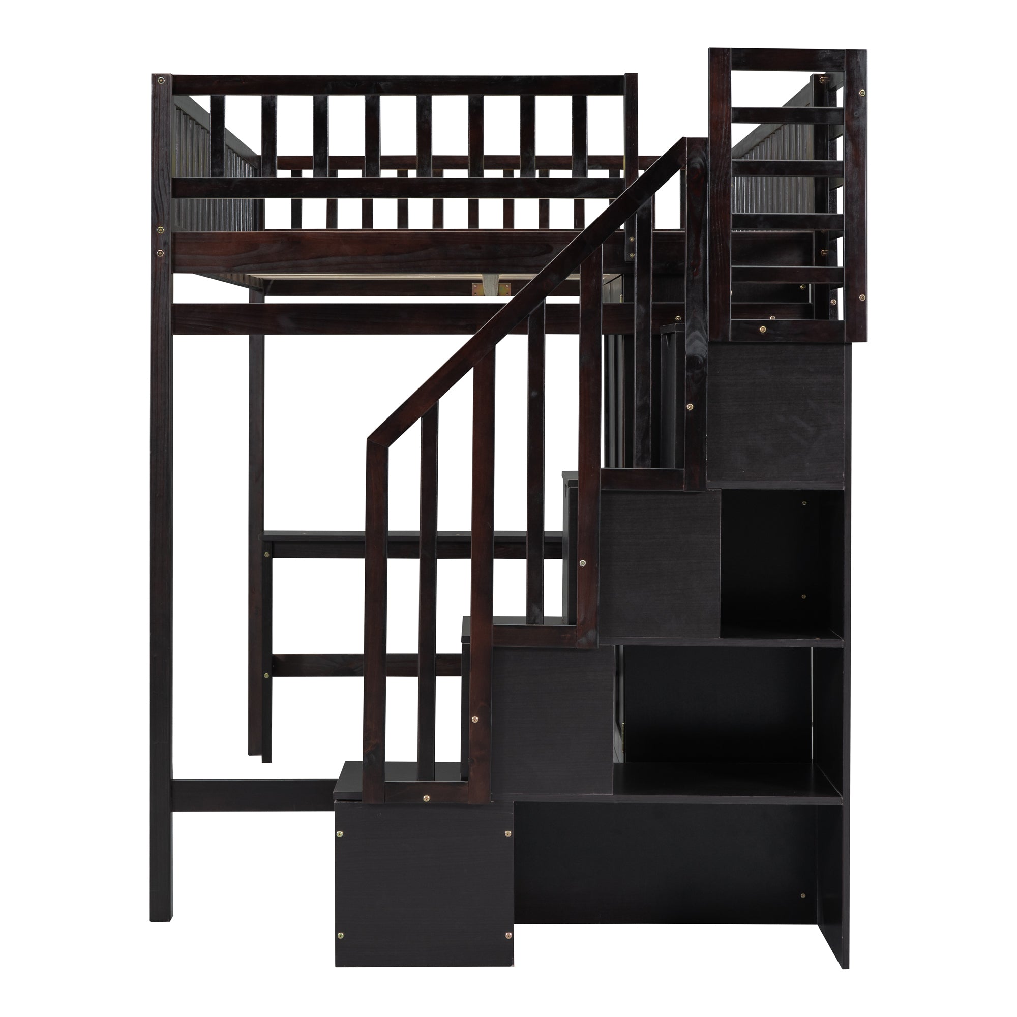 Full size Loft Bed with Bookshelf,Drawers,Desk,and Wardrobe-Espresso