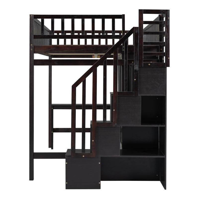 Full size Loft Bed with Bookshelf,Drawers,Desk,and Wardrobe-Espresso